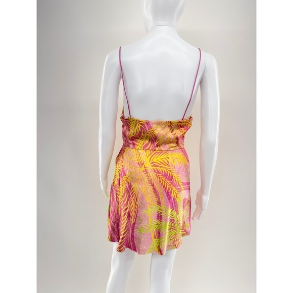 Retrofête Pink Lime Green Tropical Palm Print Cowl Neck Silk Mini Dress Small - Picture 7 of 9